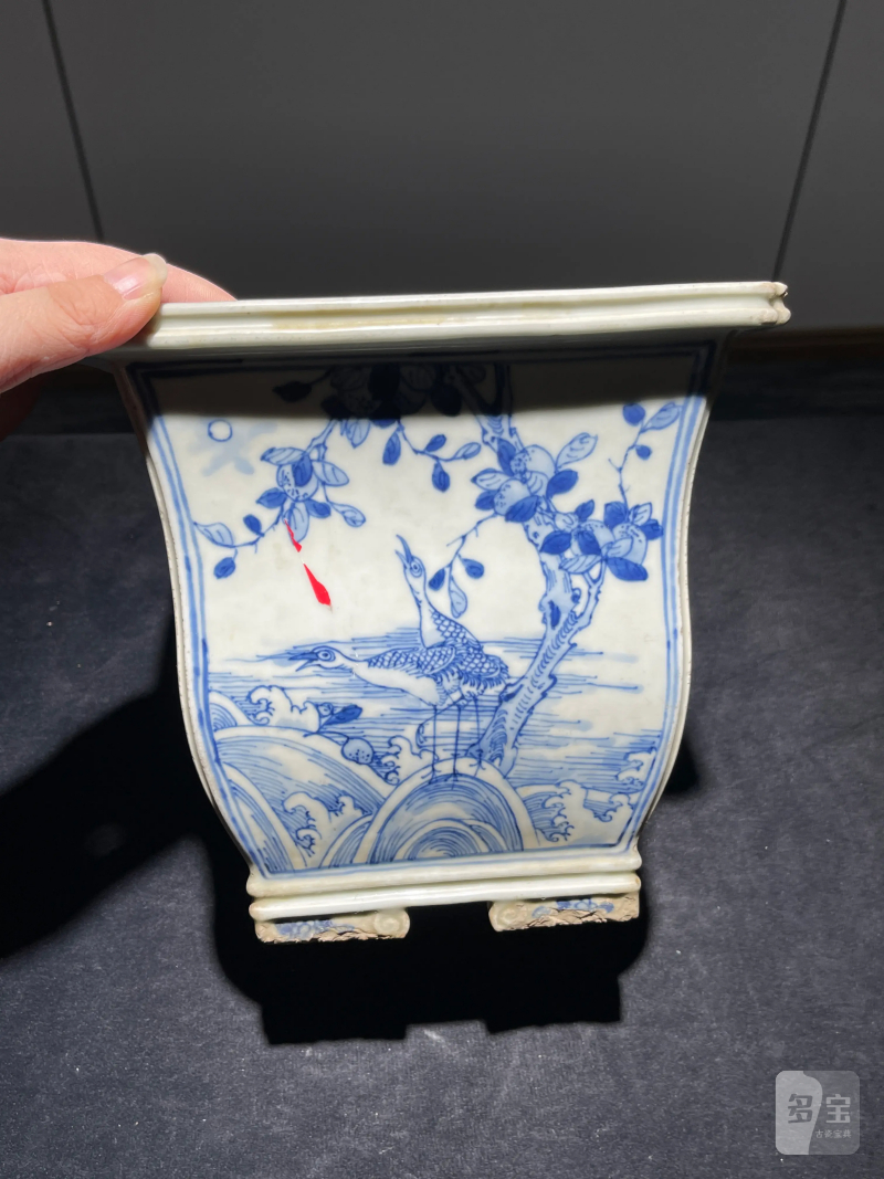 清康熙 青花贺寿图四方倭角花盆 - 图3